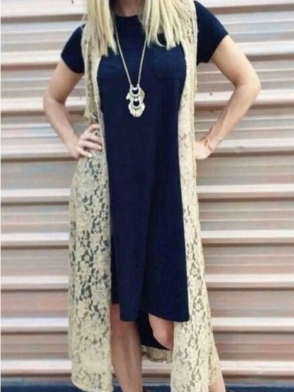 LULAROE Boho Olive Green Lace Overlay Vest Duster Size Medium - Picture 5 of 6